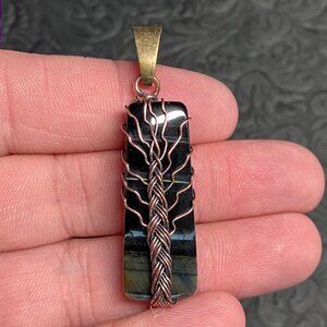 Blue Tigers Hawk Eye Wire Wrapped Tree of Life Pendant Stone Crystal Jewelry